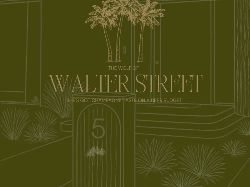 The Wolf of Walter Street logo over a line drawing of a mid-century house facade